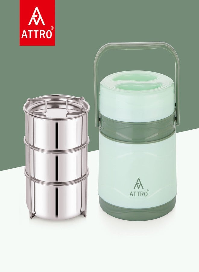 ATTRO Vogue 3 Insulated Stainless Steel Tiffin - 3 Tier Lunch Box with Carry Handle, BPA-Free, Leak-Proof & Durable, Ideal for School, Office, Home, Travel, Picnic & Daily Use - Green - Image 5